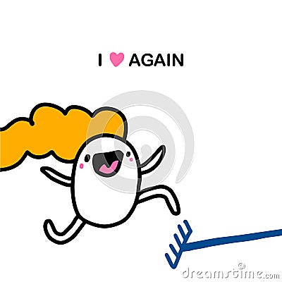 I love again hand drawn vector illustration in cartoon comic style woman happy jumping on rake Cartoon Illustration