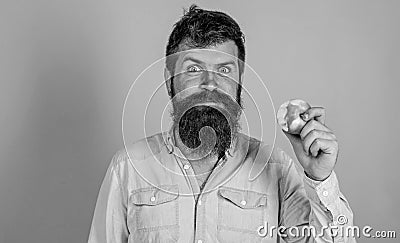 I love apples Man handsome hipster with long beard eating apple. Hipster hungry bites enjoy ripe apple. Man diet Stock Photo