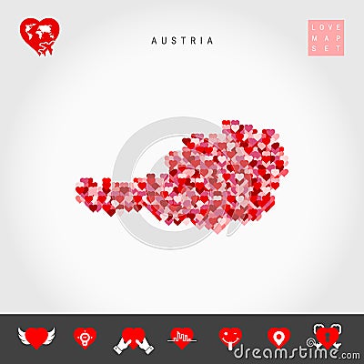 I Love Austria. Red Hearts Pattern Vector Map of Austria. Love Icon Set Vector Illustration