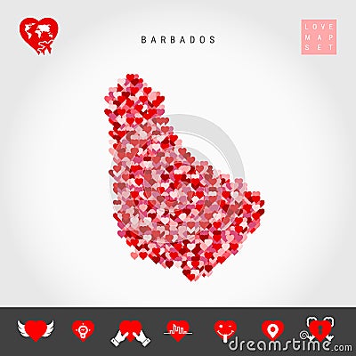 I Love Barbados. Red Hearts Pattern Vector Map of Barbados. Love Icon Set Vector Illustration