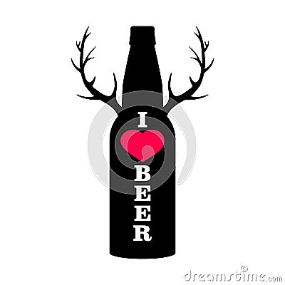 `I love beer` slogan on beer bottle with red heart and antlers. Black silhouette. Vector Illustration