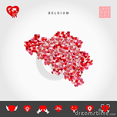 I Love Belgium. Red Hearts Pattern Vector Map of Belgium. Love Icon Set Vector Illustration