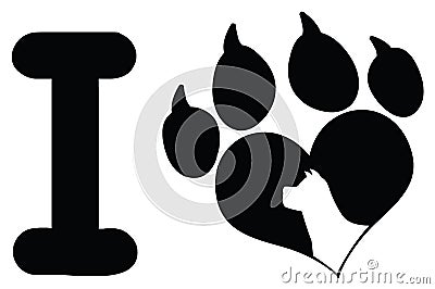 I Love With Black Heart Paw Print With Claws And Dog Head Silhouette Logo Design Vector Illustration