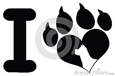 I Love With Black Heart Paw Print With Claws And Dog Head Silhouette Logo Design. Vector Illustration