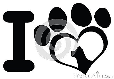 I Love With Black Heart Paw Print With Claws And Dog Head Silhouette Logo Design Vector Illustration