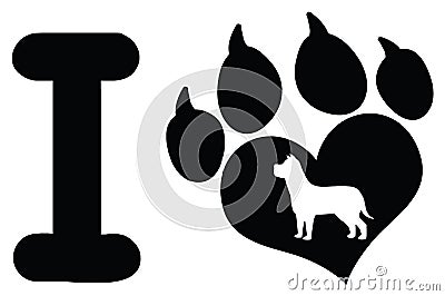 I Love With Black Heart Paw Print With Claws And Dog Silhouette Logo Design Vector Illustration