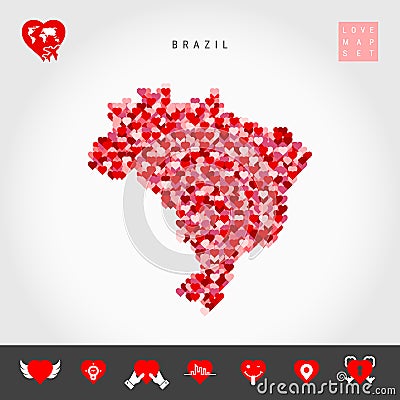 I Love Brazil. Red Hearts Pattern Vector Map of Brazil. Love Icon Set Vector Illustration