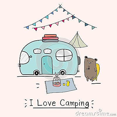 I Love Camping Concept With Cute Bear And Camping Car. Vector Illustration