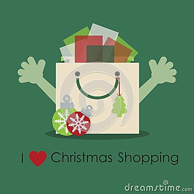 I love Christmas shopping, cute smiley gift bag with open hands Vector Illustration