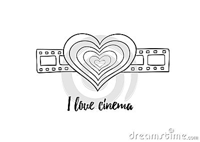 I love cinema - black and white vintage heart on filmstrip. Lined. Contoured. Stock Photo