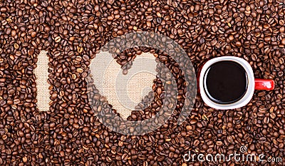 I LOVE COFFEE made of coffee beans and red coffee cup Stock Photo