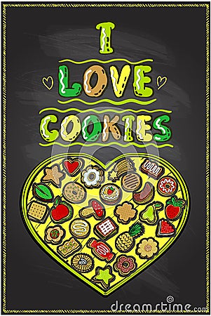 I love cookies chalkboard poster, hand drawn illustration with heart shaped cookie box Vector Illustration