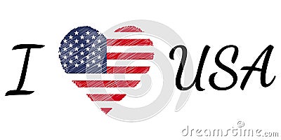 I love country usa america, text heart Doodle, vector calligraphic text, I love usa america flag heart patriot Vector Illustration