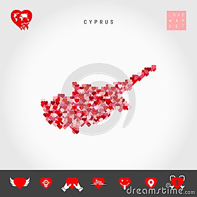 I Love Cyprus. Red Hearts Pattern Vector Map of Cyprus. Love Icon Set Vector Illustration