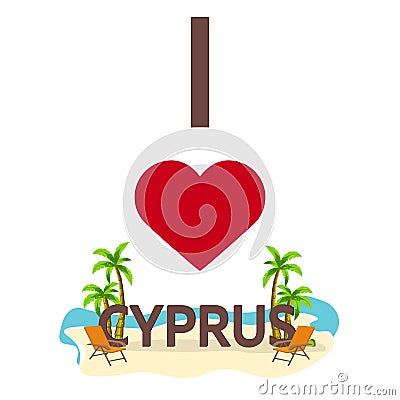 I love Cyprus. Travel. Palm, summer, lounge chair. Vector flat illustration. Cartoon Illustration