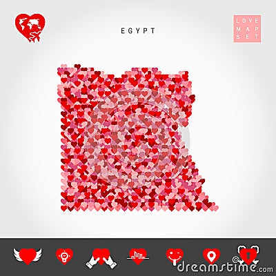 I Love Egypt. Red Hearts Pattern Vector Map of Egypt. Love Icon Set Vector Illustration
