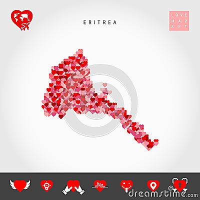 I Love Eritrea. Red Hearts Pattern Vector Map of Eritrea. Love Icon Set Vector Illustration