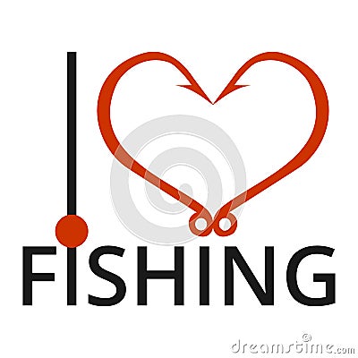 I love fishing. Red heart icon isolated on white background. Concept of hobby, pastime. Heart of two hooks. T-shirt Vector Illustration