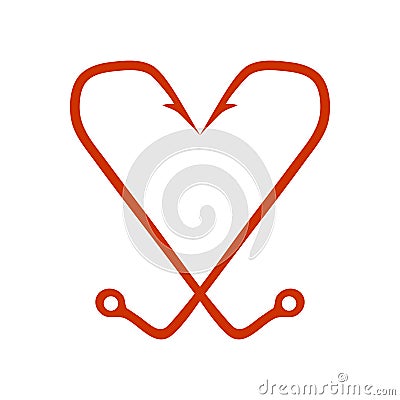 I love fishing. Red heart icon isolated on white background. Heart of two hooks. Vector illustration. EPS10. Vector Illustration