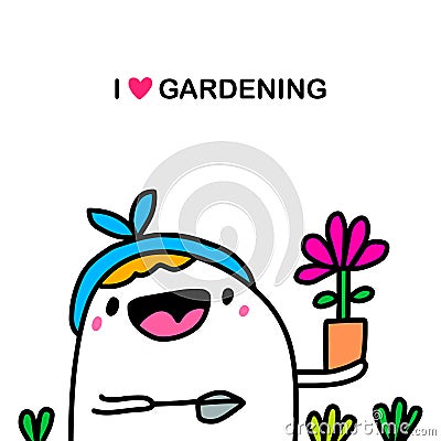 I love gardening hand drawn vector illustration in cartoon comic style happy woman holding plant Cartoon Illustration