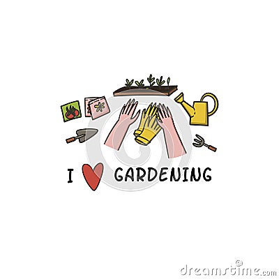 I love gardening. Hand with gardening gloves, watering can and seedlings. Hand drawn cartoon flat style concept illustration for t Cartoon Illustration