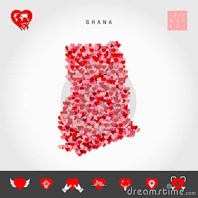 I Love Ghana. Red Hearts Pattern Vector Map of Ghana. Love Icon Set Vector Illustration