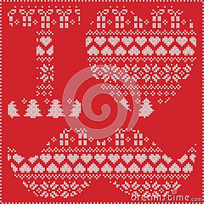 I love hipster pattern in Scandinavian Nordic winter stitching knitting christmas style with mustache, love heart christmas pre Vector Illustration