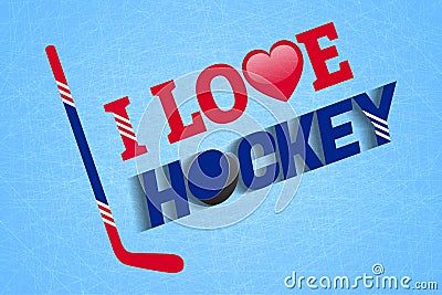 I love hockey vector poster. Ice hockey design. Winter sport illustration with sticks, puck, love heart and text. Simple symbols o Cartoon Illustration