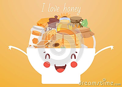 I love honey products cartoon cute bowl vector illustration banner. Kawaii bowl and jars of different sorts of honey and Vector Illustration