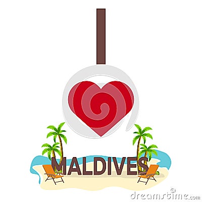 I love Maldives. Travel. Palm, summer, lounge chair. Vector flat illustration. Cartoon Illustration