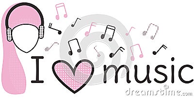 I love music. Black and pink banner. The inscription, the head of a woman in headphones and musical notes on a white background. Vector Illustration