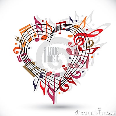 I love music, heart made with musical notes and clef. Vector Illustration