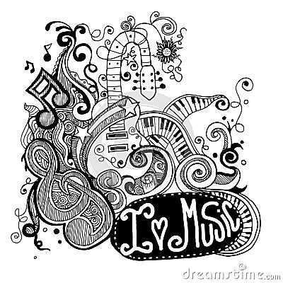 I Love Music Sketchy Notebook Doodles and Swirls Hand-Drawn Vector Illustration