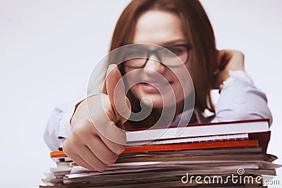 I love my office work. Happy young businesswoman working with do Stock Photo
