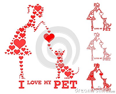 I love my pet. Girl and dog fill heart. Vector Illustration