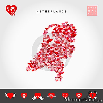I Love Netherlands. Red Hearts Pattern Vector Map of Holland. Love Icon Set Vector Illustration
