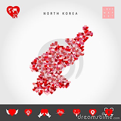 I Love North Korea. Red Hearts Pattern Vector Map of North Korea. Love Icon Set Vector Illustration
