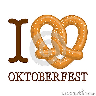 I Love Oktoberfest. pretzel heart. Food lover sign. Traditional Vector Illustration