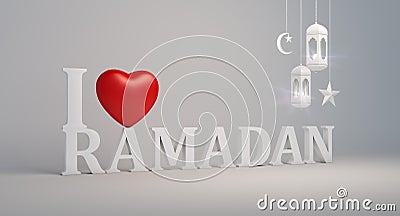 I love Ramadan text with red heart shape symbol, hanging arabian lantern crescent moon and star paper art on white background. Cartoon Illustration