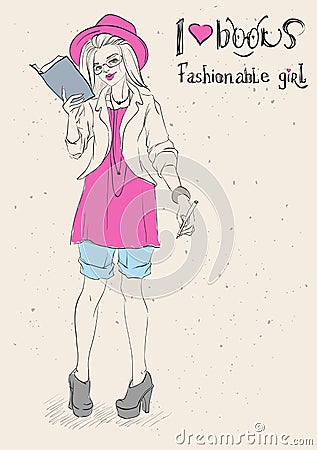 I love reading books. Fashionable girl Vector Illustration