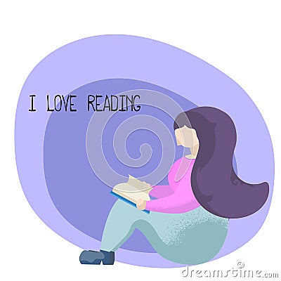 I Love Reading flat style vector illustration with reading girl. Reading person with open book. Cartoon Illustration