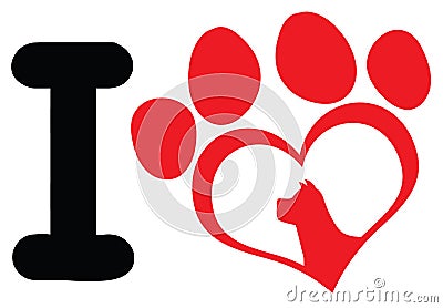 I Love With Red Heart Paw Print With Claws And Dog Head Silhouette Logo Design Vector Illustration