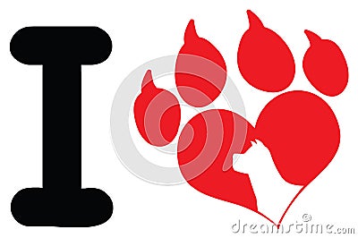 I Love With Red Heart Paw Print With Claws And Dog Head Silhouette Logo Design. Vector Illustration