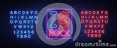 I love rock. Neon sign, bright banner, symbol, poster on the theme of rock n roll music, for a party, concert, festival Vector Illustration