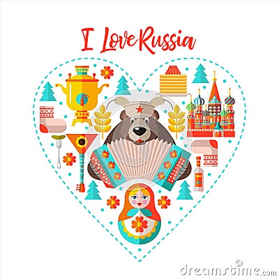 I love Russia. Flat illustration. Set of clipart on the Russian theme arranged in the shape of the heart Vector Illustration