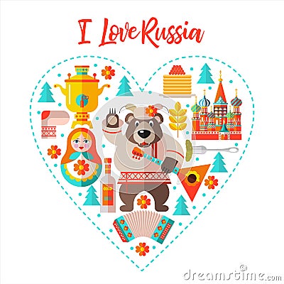 I love Russia. Set of clipart on the Russian theme arranged in the shape of the heart Vector Illustration