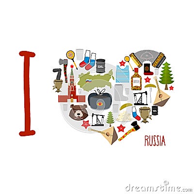 I love Russia. Heart of sights of Russian Federation. Russia map Vector Illustration