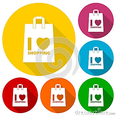 I love shopping bag icons set with long shadow Vector Illustration