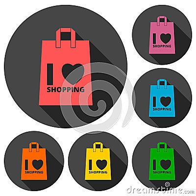 I love shopping bag icons set with long shadow Vector Illustration