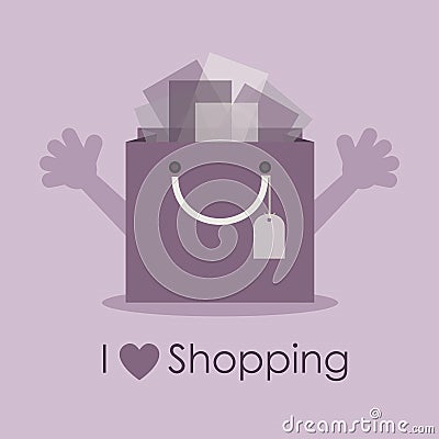 I love shopping, cute smiley gift bag with open hands Vector Illustration